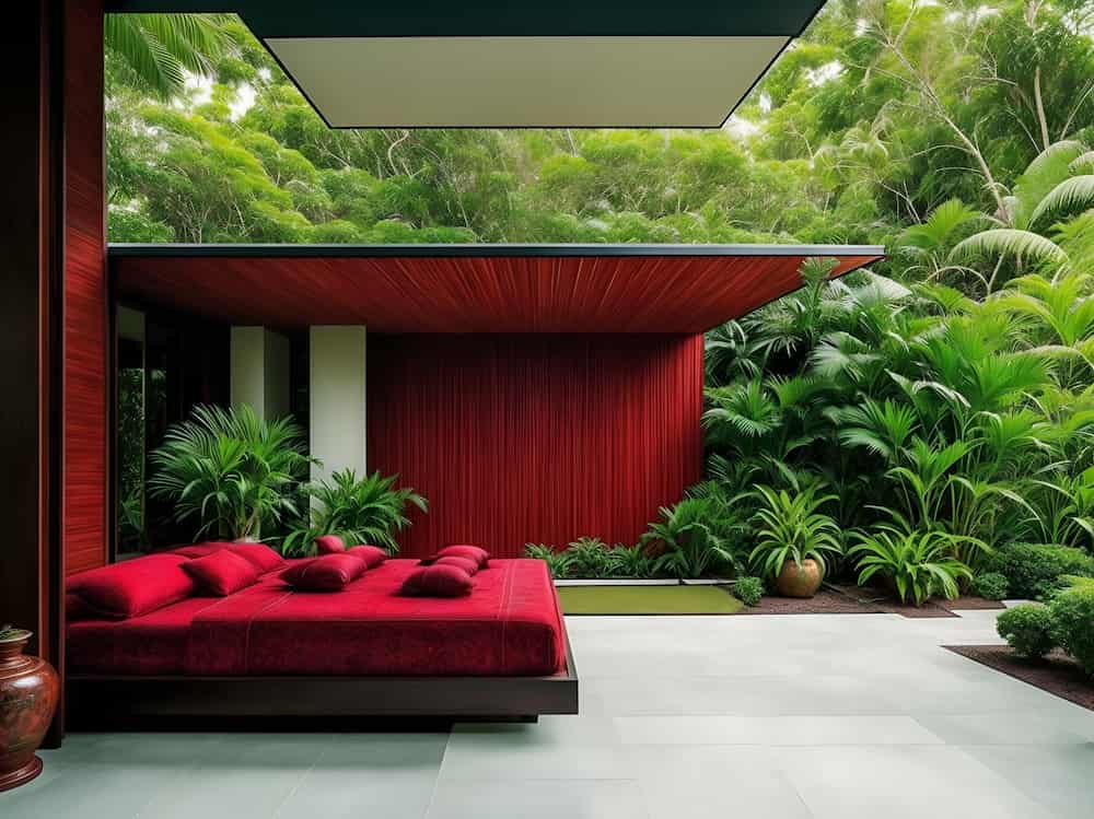 Stylish outdoor red lounge furniture on a lavish house patio