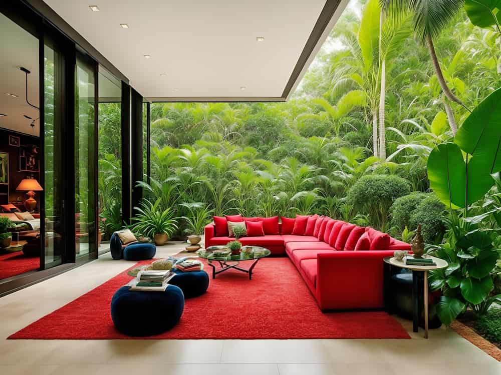 Red outdoor lounge setting on a luxury house patio