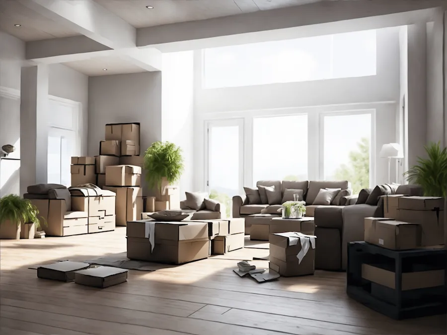 (Modern Design Lounge Room): Modern design lounge room with cardboard packing cartons for moving house, article by Neomoney.