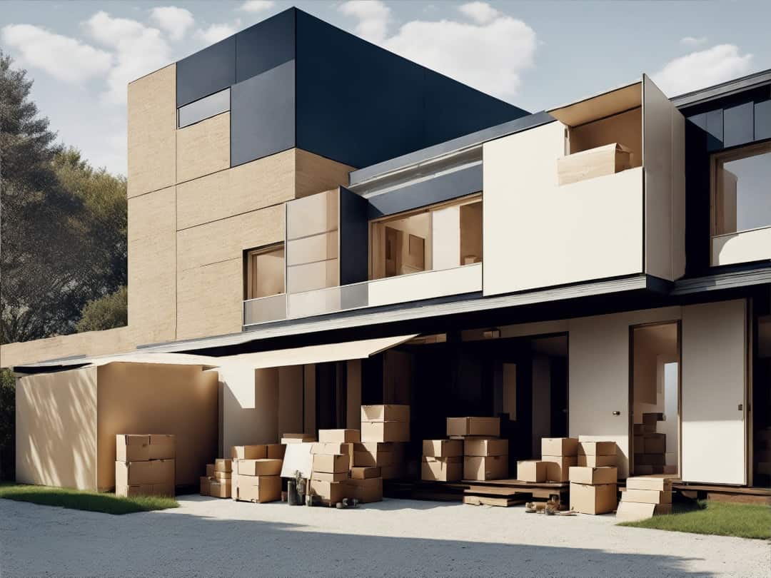 (Modern Design Home): Modern design outdoor view of home with cardboard packing cartons for moving house checklist, article by Neomoney.