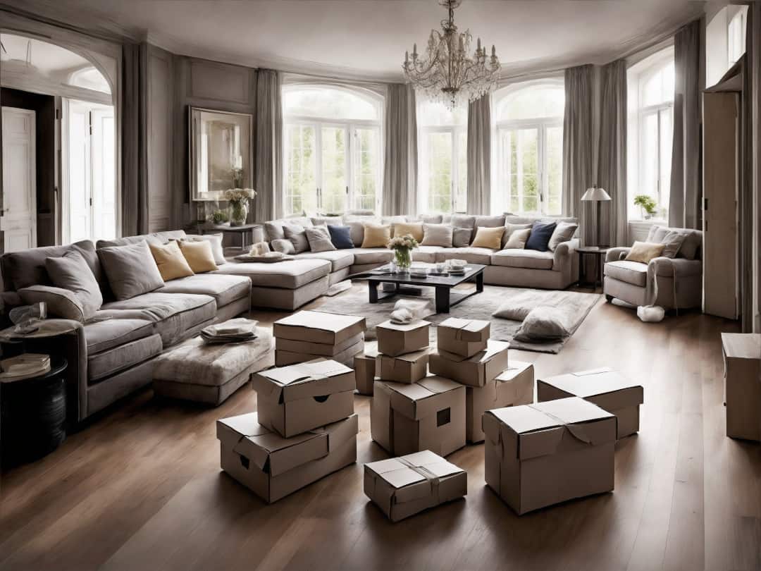 (Classic Design Lounge Room): Classic design lounge room with cardboard packing cartons for moving house, article by Neomoney.